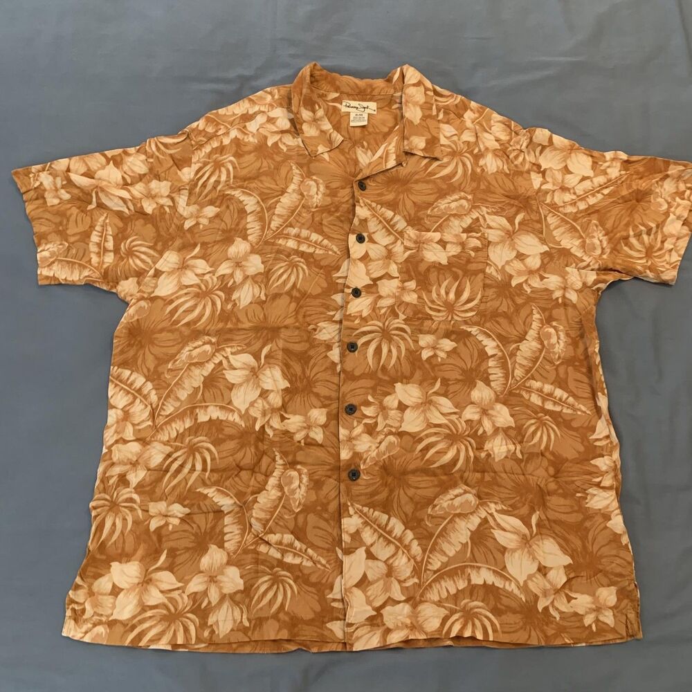 Panama Jack‎ Shirt Mens Extra Large Brown Floral Hawaiian Button Up Rayon Casual